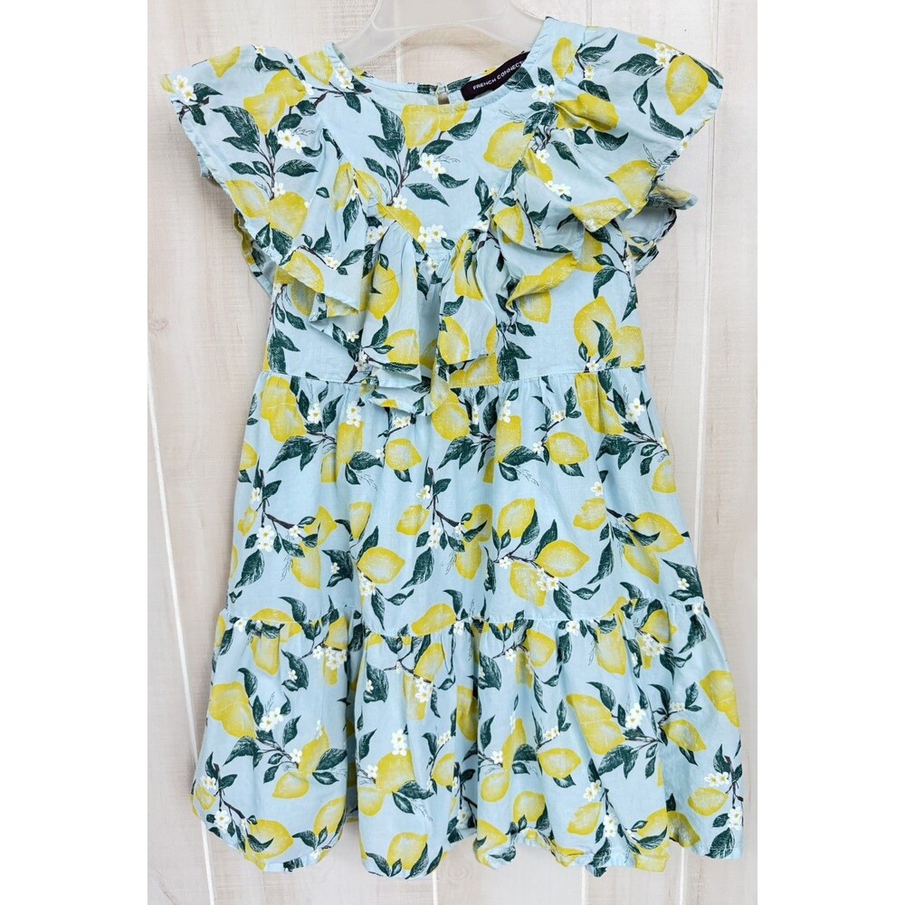FRENCH CONNECTION Girls Floral Lemon Ruffle Dress 100% Cotton S (7/8) Citrus